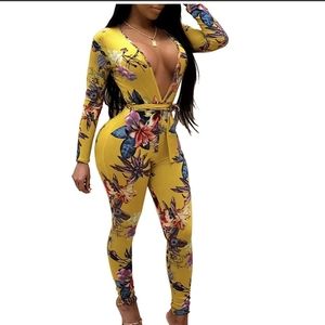Deep V-Neck Floral Jumpsuit